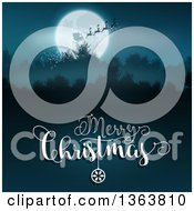 Poster, Art Print Of Merry Christmas Greeting Under A Silhouetted Santa Flying His Magic Sleigh Over A Full Moon And Mountains