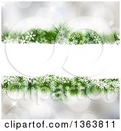 Poster, Art Print Of Frame Of Snowflakes And Christmas Tree Branches Over Bokeh Flares