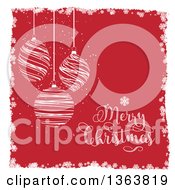 Poster, Art Print Of Doodled Merry Christmas Greeting And Suspended Ornaments Over Red With A Snowflake Border