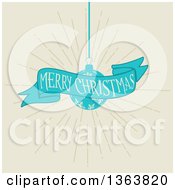 Poster, Art Print Of Retro Merry Christmas Greeting On A Blue Ribbon Banner With A Snowflake Bauble Over Beige