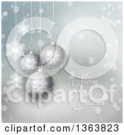 Clipart Of A Merry Christmas Greeting With 3d Suspended Snowflake Baubles Snowflakes And Flares Royalty Free Vector Illustration