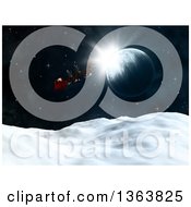 Clipart Of A 3d Santa Flying His Magic Sleigh Over A Planet And Snowy Hills Royalty Free Illustration