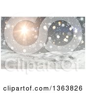 Poster, Art Print Of 3d Winter Landscape Of Snowy Hills Sunshine Snowflakes Stars And Flares
