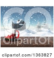 Poster, Art Print Of 3d Hot Santa Suit Cup Of Coffee On A Wood Table With A Winter Landscape And Log Cabin View