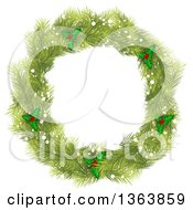 Poster, Art Print Of Christmas Wreath Made Of Green Fir Tree Branches Snow And Holly
