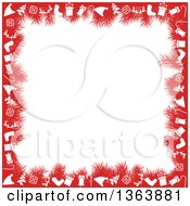 Poster, Art Print Of Christmas Background Of Red Fir Branches And Holiday Items Framing White Text Space