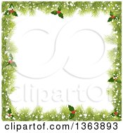 Poster, Art Print Of Christmas Background Of Fir Branches Holly And Snow Framing White Text Space