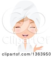 Clipart Of A Dirty Blond Caucasian Woman Wearing A Robe And Towel On Her Head And Presenting Royalty Free Vector Illustration