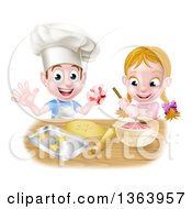 Poster, Art Print Of Cartoon Happy White Girl And Boy Making Frosting And Star Cookies
