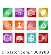 White Christian Icons On Colorful Square Tiles