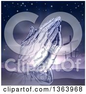 Clipart Of A Purple Toned Christian Easter Background Of Praying Hands Over Two Thieves Crosses On Calvary Hill Royalty Free Vector Illustration