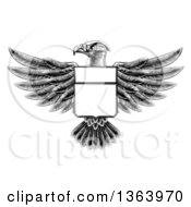 Clipart Of A Black And White Engraved Or Woodcut Heraldic Coat Of Arms American Bald Eagle With A Shield Royalty Free Vector Illustration