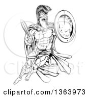 Poster, Art Print Of Black And White Strong Spartan Trojan Warrior Mascot With A Cape Running With A Sword And Shield