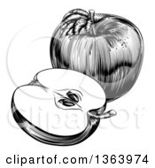 Poster, Art Print Of Black And White Engraved Whole And Halved Apple