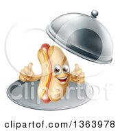 Clipart Of A 3d Hot Dog Character Giving Two Thumbs Up And Being Served In A Cloche Platter Royalty Free Vector Illustration