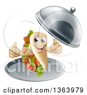 3d Souvlaki Kebab Sandwich Character Giving Two Thumbs Up And Being Served In A Cloche Platter