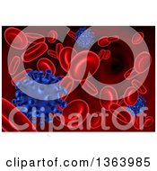 Clipart Of A Background Of 3d Blue Viruses Attacking Red Blood Cells Royalty Free Vector Illustration