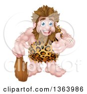 Clipart Of A Cartoon Muscular Happy Caveman Standing With A Club And Giving A Thumb Up Royalty Free Vector Illustration
