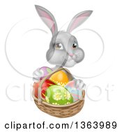 Poster, Art Print Of Happy Gray Bunny With Easter Eggs And A Basket
