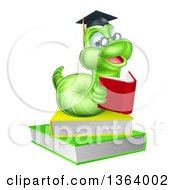 Poster, Art Print Of Happy Bespectacled Green Professor Or Graduate Earthworm Reading On Books