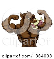 Poster, Art Print Of Tough Razorback Boar Man Flexing His Bicep Muscles From The Waist Up