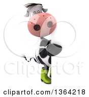 Clipart Of A 3d Full Length Gardener Cow Looking Around A Sign On A White Background Royalty Free Illustration by Julos