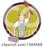 Retro Cartoon White Male Plumber Holding Up A Monkey Wrench And Tool Box In A Brown White And Green Circle