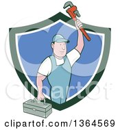 Poster, Art Print Of Retro Cartoon White Male Plumber Holding Up A Monkey Wrench And Tool Box In A Green White And Blue Shield