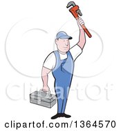 Poster, Art Print Of Retro Cartoon White Male Plumber Holding Up A Monkey Wrench And Tool Box