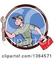 Poster, Art Print Of Retro Cartoon White Male Plumber Carrying A Monkey Wrench And Tool Box In A Brown White And Blue Circle