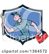Poster, Art Print Of Retro Cartoon White Male Plumber Carrying A Monkey Wrench And Tool Box In A Blue And White Shield