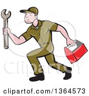 Poster, Art Print Of Retro Cartoon White Male Plumber In A Green Uniform Carrying A Monkey Wrench And Tool Box