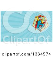 Clipart Of A Cartoon Super Plumber Jumping With A Monkey Wrench And Plunger And Blue Rays Background Or Business Card Design Royalty Free Illustration