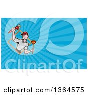 Clipart Of A Cartoon White Male Plumber With Tools In A Diamond And Blue Rays Background Or Business Card Design Royalty Free Illustration