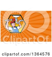 Poster, Art Print Of Cartoon White Male Plumber Repairing A Sink Pipe And Orange Rays Background Or Business Card Design
