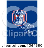 Poster, Art Print Of Retro American Revolutionary Patriot Soldier Holding A Bayounet In A Shield With Happy Independence Day God Bless America Text On Blue