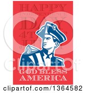 Poster, Art Print Of Retro American Revolutionary Patriot Soldier Over Happy Independence Day 4th Of July God Bless America Text On Red
