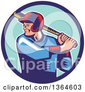 Clipart Of A Retro Woodcut White Male Baseball Player Athlete Batting In A Blue Circle Royalty Free Vector Illustration