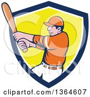 Clipart Of A Cartoon White Male Baseball Player Athlete Batting In A Blue White And Yellow Shield Royalty Free Vector Illustration