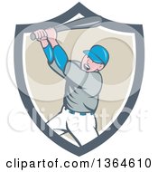 Clipart Of A Retro Cartoon White Male Baseball Player Athlete Batting In A Gray White And Taupe Shield Royalty Free Vector Illustration