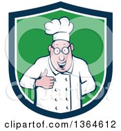 Cartoon Happy Chubby White Male Chef Giving A Thumb Up In A Blue White And Green Shield