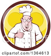 Cartoon Happy Chubby White Male Chef Giving A Thumb Up In A Brown White And Yellow Circle