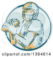 Poster, Art Print Of Retro Engraved Male Quarterback American Football Player Throwing In A Blue Circle