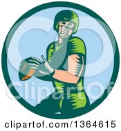 Poster, Art Print Of Retro Woodcut White Male Quarterback American Football Player Throwing In A Bgreen And Blue Circle