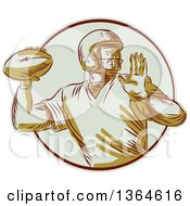 Poster, Art Print Of Retro Engraved Male Quarterback American Football Player Throwing In A Circle