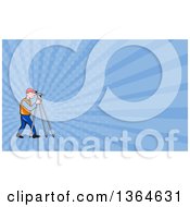 Poster, Art Print Of Cartoon White Male Surveyor Using A Theodolite And Blue Rays Background Or Business Card Design