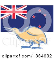 Retro Woodcut Kiwi Bird Over A New Zealand Flag