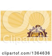 Poster, Art Print Of Retro Factory Worker Mechanic In A Gear Arch And Yellow Rays Background Or Business Card Design