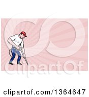 Poster, Art Print Of Cartoon White Male Pressure Washer Worker Pointing A Nozzle And Pink Rays Background Or Business Card Design
