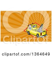 Cartoon Tow Truck And Driver And Orange Rays Background Or Business Card Design